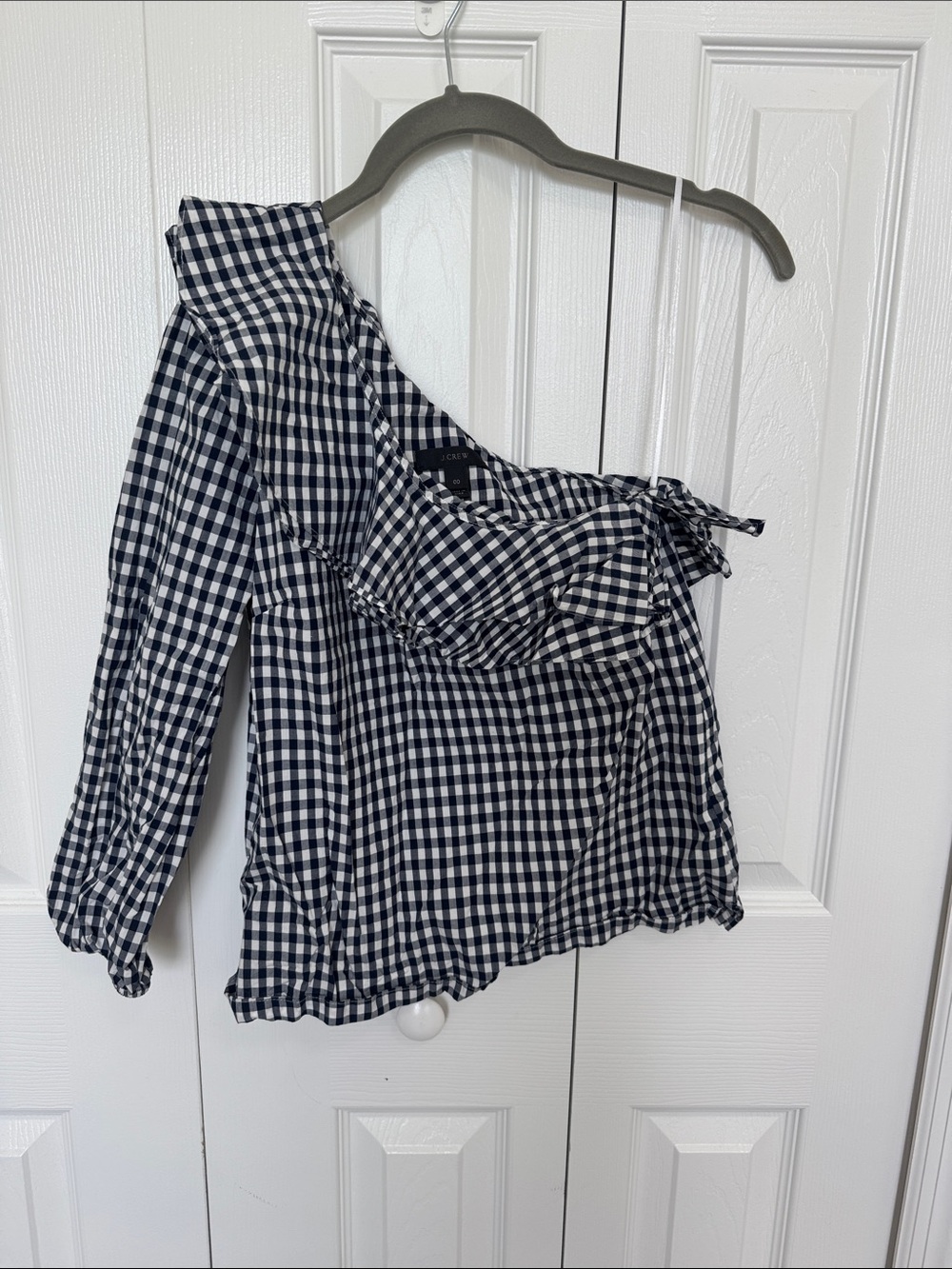 J. Crew Navy & White Gingham One-Shoulder Ruffle Top